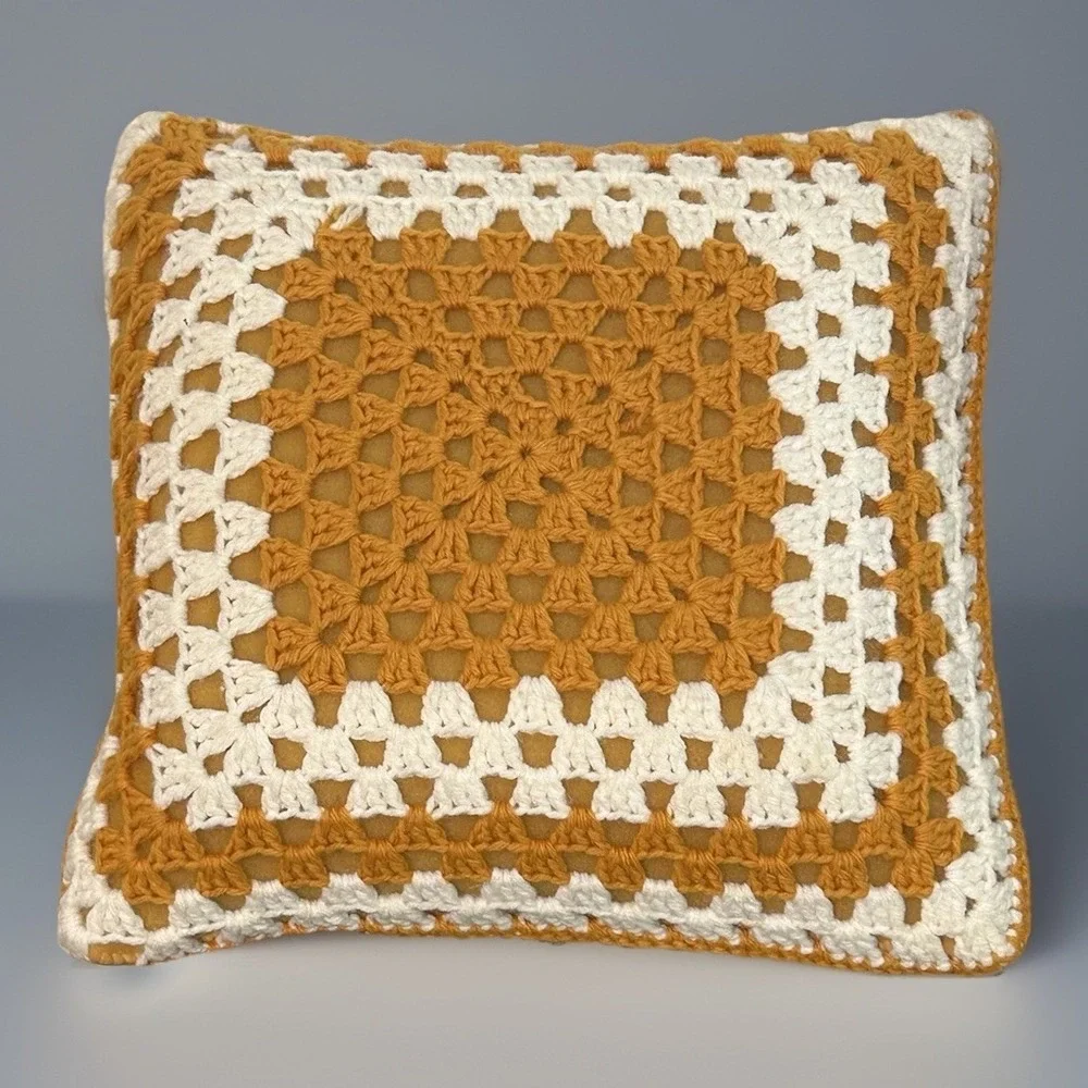 Throw Pillow Hand Crafted White Brown/Gold 1970s Vintage Cottagecore